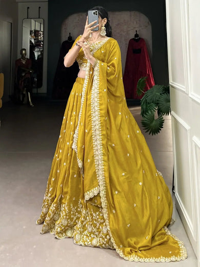 Charming Yellow Thread Embroidered Silk Haldi Wear Lehenga Choli - Ethnic Plus In